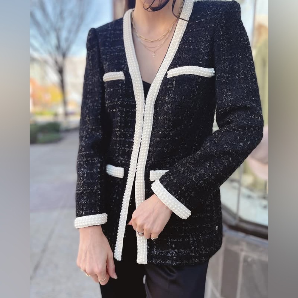 NWT $798 Veronica Beard Kemsley Pearl-embellished Black and White Tweed Jacket